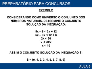 PROAB 2010 AULA 6 PREPARATÓRIO PARA CONCURSOS EXEMPLO CONSIDERANDO COMO UNIVERSO O CONJUNTO DOS NÚMEROS NATURAIS, DETERMINE O CONJUNTO SOLUÇÃO DA INEQUAÇÃO: 5x – 8 < 3x + 12 5x – 3x < 12 + 8 2x < 20 x < 20/2 x < 10 ASSIM O CONJUNTO SOLUÇÃO DA INEQUAÇÃO É: S = {0, 1, 2, 3, 4, 5, 6, 7, 8, 9} 