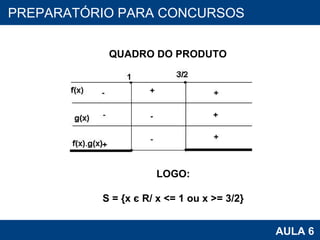 PROAB 2010 AULA 6 PREPARATÓRIO PARA CONCURSOS QUADRO DO PRODUTO LOGO: S = {x   є  R/ x <= 1 ou x >= 3/2} 