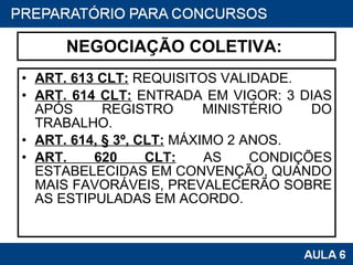 NEGOCIAÇÃO COLETIVA:  ART. 613 CLT:  REQUISITOS VALIDADE. ART. 614 CLT:  ENTRADA EM VIGOR: 3 DIAS APÓS REGISTRO MINISTÉRIO DO TRABALHO. ART. 614, § 3º,   CLT:   MÁXIMO 2 ANOS. ART. 620 CLT:  AS CONDIÇÕES ESTABELECIDAS EM CONVENÇÃO, QUANDO MAIS FAVORÁVEIS, PREVALECERÃO SOBRE AS ESTIPULADAS EM ACORDO. 