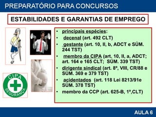 ESTABILIDADES E GARANTIAS DE EMPREGO principais espécies : decenal  (art. 492 CLT) gestante  (art. 10, II, b, ADCT e SÚM. 244 TST) membro da CIPA  (art. 10, II, a, ADCT; art. 164 e 165 CLT;  SÚM. 339 TST) dirigente sindical  (art. 8º, VIII, CR/88 e SÚM. 369 e 379 TST) acidentados   (art. 118 Lei 8213/91e SÚM. 378 TST)  membro da CCP (art. 625-B, 1º,CLT) 
