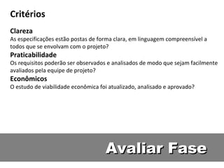 Avaliar Fase Critérios Clareza As especificações estão postas de forma clara, em linguagem compreensível a todos que se envolvam com o projeto? Praticabilidade Os requisitos poderão ser observados e analisados de modo que sejam facilmente avaliados pela equipe de projeto? Econômicos O estudo de viabilidade econômica foi atualizado, analisado e aprovado? 