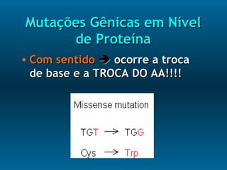 Mutações Gênicas em NívelMutações Gênicas em Nível
de Proteínade Proteína
• Com sentidoCom sentido  ocorre a trocaocorre a troca
de base e a TROCA DO AA!!!!de base e a TROCA DO AA!!!!
 