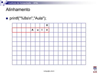 Instituto de Computação – UFAL
Alinhamento
rodrigo@ic.ufal.br
 printf("%8sn","Aula");
X
A u l a
 