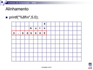 Instituto de Computação – UFAL
Alinhamento
rodrigo@ic.ufal.br
 printf("%8fn",5.0);
X
A u l a
0 0 0000.5
 