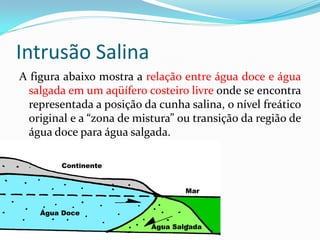Intrusão Salina
A figura abaixo mostra a relação entre água doce e água
salgada em um aqüífero costeiro livre onde se encontra
representada a posição da cunha salina, o nível freático
original e a “zona de mistura” ou transição da região de
água doce para água salgada.

 