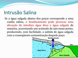 Intrusão Salina
Se a água salgada abaixo dos poços corresponde a uma
cunha salina, o bombeamento pode provocar uma
elevação da interface água doce e água salgada de
maneira, acarretando um acúmulo de sais nesse ponto,
produzindo, com facilidade, a subida de água salgada
com a conseqüente contaminação daquele poço.

 