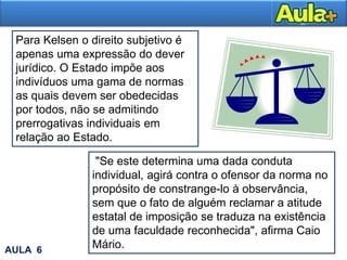 Para Kelsen o direito subjetivo é
apenas uma expressão do dever
jurídico. O Estado impõe aos
indivíduos uma gama de normas
as quais devem ser obedecidas
por todos, não se admitindo
prerrogativas individuais em
relação ao Estado.
"Se este determina uma dada conduta
individual, agirá contra o ofensor da norma no
propósito de constrange-lo à observância,
sem que o fato de alguém reclamar a atitude
estatal de imposição se traduza na existência
de uma faculdade reconhecida", afirma Caio
Mário.AULA 6
 