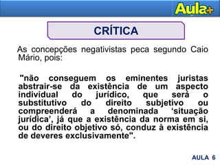 CRÍTICA
As concepções negativistas peca segundo Caio
Mário, pois:
"não conseguem os eminentes juristas
abstrair-se da existência de um aspecto
individual do jurídico, que será o
substitutivo do direito subjetivo ou
compreenderá a denominada ‘situação
jurídica’, já que a existência da norma em si,
ou do direito objetivo só, conduz à existência
de deveres exclusivamente".
AULA 6
 