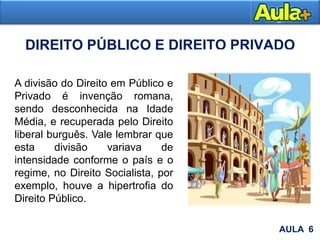 DIREITO PÚBLICO E DIREITO PRIVADO
AULA 6
A divisão do Direito em Público e
Privado é invenção romana,
sendo desconhecida na Idade
Média, e recuperada pelo Direito
liberal burguês. Vale lembrar que
esta divisão variava de
intensidade conforme o país e o
regime, no Direito Socialista, por
exemplo, houve a hipertrofia do
Direito Público.
 