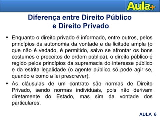 Diferença entre Direito Público
e Direito Privado
 Enquanto o direito privado é informado, entre outros, pelos
princípios da autonomia da vontade e da licitude ampla (o
que não é vedado, é permitido, salvo se afrontar os bons
costumes e preceitos de ordem pública), o direito público é
regido pelos princípios da supremacia do interesse público
e da estrita legalidade (o agente público só pode agir se,
quando e como a lei prescrever).
 As cláusulas de um contrato são normas de Direito
Privado, sendo normas individuais, pois não derivam
diretamente do Estado, mas sim da vontade dos
particulares.
AULA 6
 