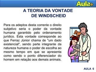 A TEORIA DA VONTADE
DE WINDSCHEID
Moral
Para os adeptos desta corrente o direito
subjetivo seria o poder da vontade
humana garantido pelo ordenamento
jurídico. Esta vontade corresponde ao
que Ferraz Júnior chama de "um dado
existencial", sendo parte integrante da
natureza humana o poder de escolha ao
mesmo tempo em que se apresenta
como sendo o ponto diferenciador do
homem em relação aos demais animais.
AULA 6
 