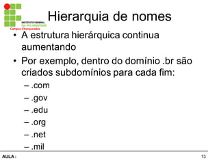 13AULA  :
Campus  Charqueadas
Hierarquia  de  nomes
• A  estrutura  hierárquica  continua  
aumentando
• Por  exemplo,  dentro  do  domínio  .br são  
criados  subdomínios  para  cada  fim:
– .com
– .gov
– .edu
– .org
– .net
– .mil
 