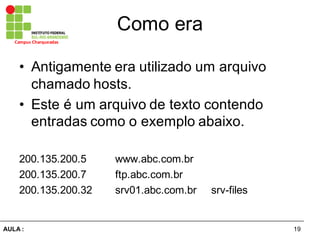 19AULA  :
Campus  Charqueadas
Como  era
• Antigamente  era  utilizado  um  arquivo  
chamado  hosts.
• Este  é  um  arquivo  de  texto  contendo  
entradas  como  o  exemplo  abaixo.
200.135.200.5 www.abc.com.br
200.135.200.7 ftp.abc.com.br
200.135.200.32 srv01.abc.com.br srv-­files
 
