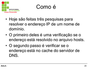 20AULA  :
Campus  Charqueadas
Como  é
• Hoje  são  feitas  três  pesquisas  para  
resolver  o  endereço  IP  de  um  nome  de  
domínio.
• O  primeiro  deles  é  uma  verificação  se  o  
endereço  está  resolvido  no  arquivo  hosts.
• O  segundo  passo  é  verificar  se  o  
endereço  está  no  cache  do  servidor  de  
DNS.
 