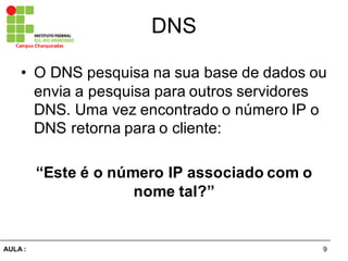 9AULA  :
Campus  Charqueadas
DNS
• O  DNS  pesquisa  na  sua  base  de  dados  ou  
envia  a  pesquisa  para  outros  servidores  
DNS.  Uma  vez  encontrado  o  número  IP  o  
DNS  retorna  para  o  cliente:
“Este  é  o  número  IP  associado  com  o  
nome  tal?”
 