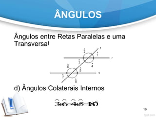 ÂNGULOS
Ângulos entre Retas Paralelas e uma
Transversal
d) Ângulos Colaterais Internos
0
36 45 180
   
 
16
 