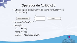 • Utilizado para atribuir um valor a uma variável (“=“ ou
“:=“ ou “← ”):
• Visualg: “:=“ ou “← ”
• Notação:
x1 ← 23;
temp ← x1;
nome ← “Carlos da Silva”;
nome da variável Valor
Operador de Atribuição
10
 