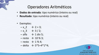 • Dados de entrada: tipo numérico (inteiro ou real)
• Resultado: tipo numérico (inteiro ou real)
• Exemplos:
– x_2 ← 2 + 3;
– x_3 ← 3 / 2;
– alfa ← 1 div 5;
– resto ← 10 % 3;
– resto ← 1 % 4;
– delta ← 5*5–4*1*4;
Operadores Aritméticos
11
 