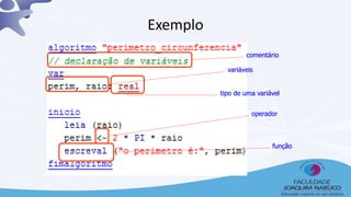 Exemplo
comentário
variáveis
tipo de uma variável
operador
função
3
 