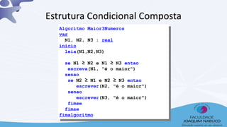 Algoritmo Maior3Numeros
var
N1, N2, N3 : real
inicio
leia(N1,N2,N3)
se N1 ≥ N2 e N1 ≥ N3 entao
escreva(N1, "é o maior")
senao
se N2 ≥ N1 e N2 ≥ N3 entao
escrever(N2, "é o maior")
senao
escrever(N3, "é o maior")
fimse
fimse
fimalgoritmo
Estrutura Condicional Composta
40
 