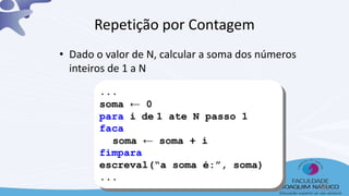 ...
soma ← 0
para i de 1 ate N passo 1
faca
soma ← soma + i
fimpara
escreval(“a soma é:”, soma)
...
Repetição por Contagem
• Dado o valor de N, calcular a soma dos números
inteiros de 1 a N
50
 