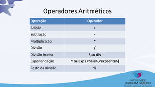 Operadores Aritméticos
Operação Operador
Adição +
Subtração -
Multiplicação *
Divisão /
Divisão Inteira  ou div
Exponenciação ^ ou Exp (<base>,<expoente>)
Resto da Divisão %
12
 