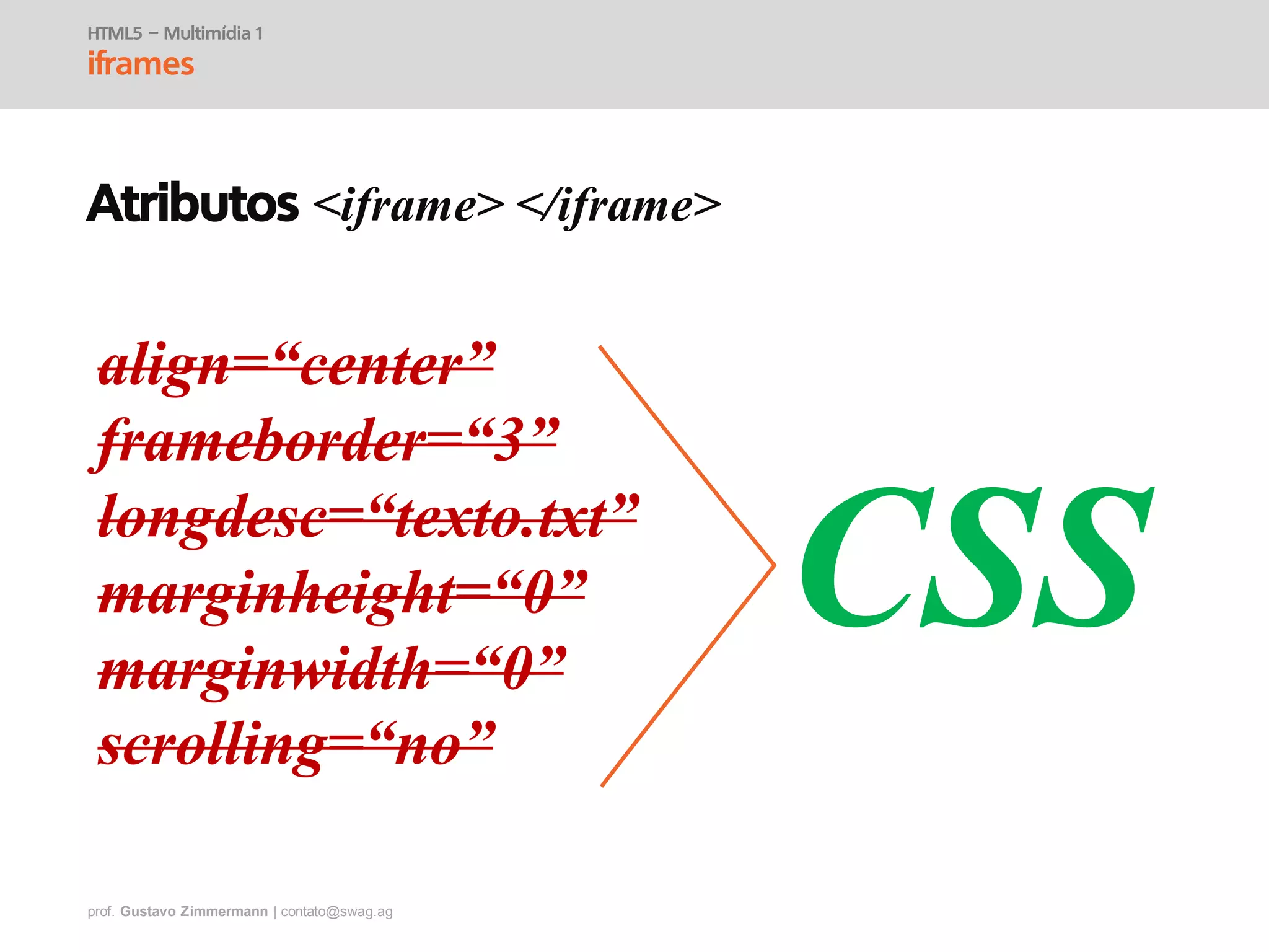 prof. Gustavo Zimmermann | contato@swag.ag
Atributos <iframe> </iframe>
align=“center”
frameborder=“3”
longdesc=“texto.txt”
marginheight=“0”
marginwidth=“0”
scrolling=“no”
HTML5 – Multimídia 1
iframes
CSS
 