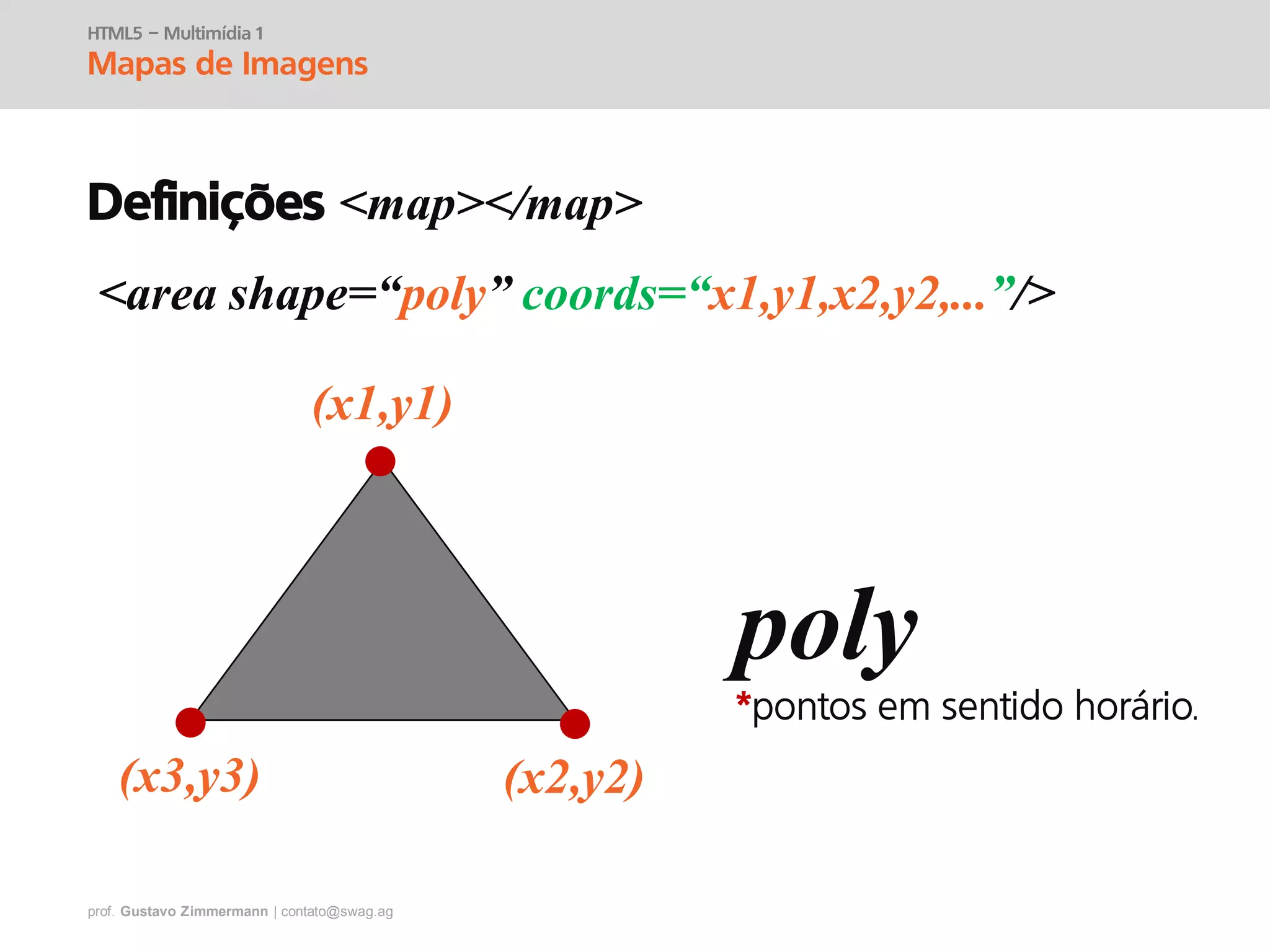 prof. Gustavo Zimmermann | contato@swag.ag
HTML5 – Multimídia 1
Mapas de Imagens
Definições <map></map>
<area shape=“poly” coords=“x1,y1,x2,y2,...”/>
poly
(x1,y1)
(x3,y3) (x2,y2)
 