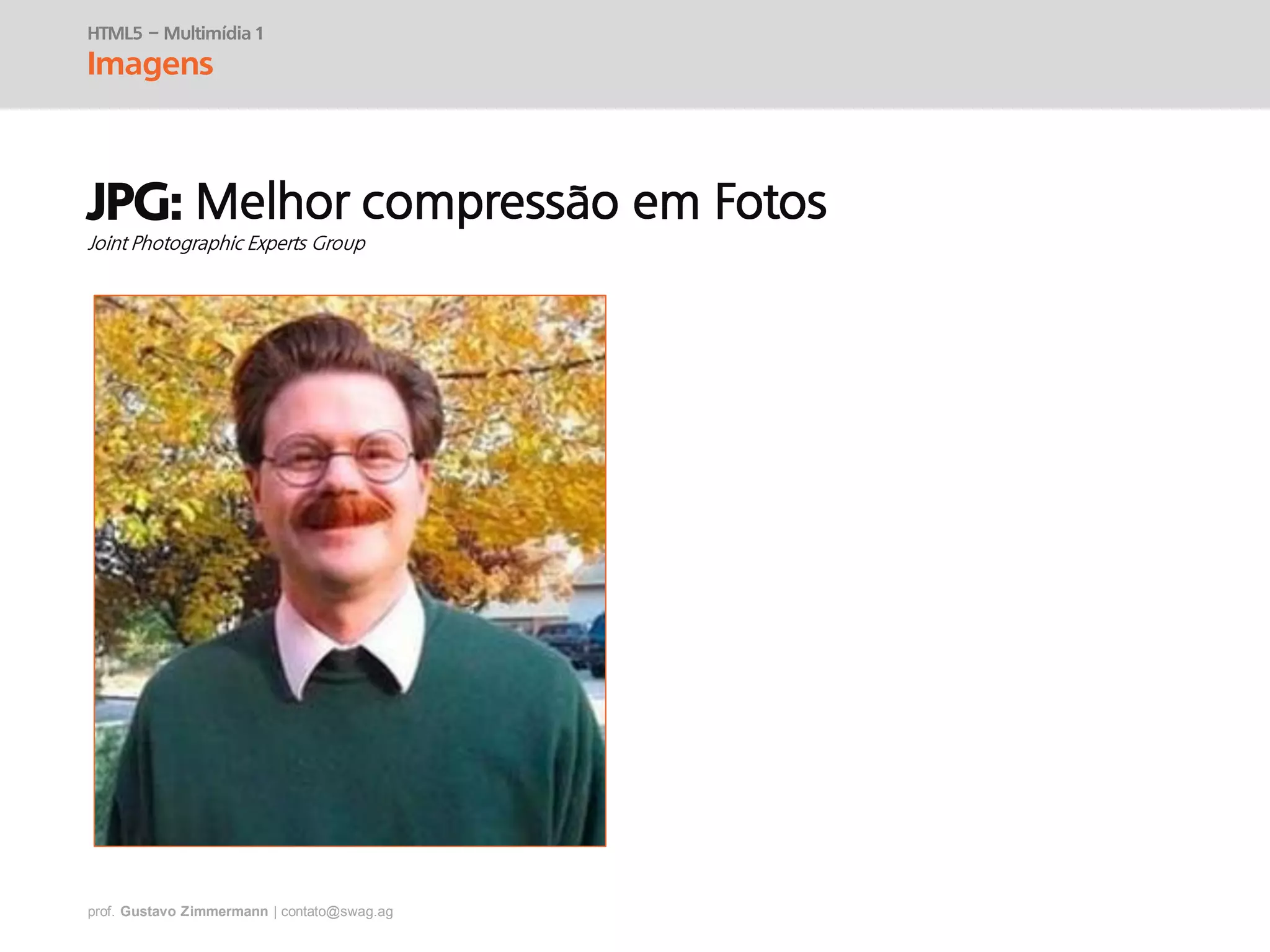 prof. Gustavo Zimmermann | contato@swag.ag
HTML5 – Multimídia 1
Imagens
JPG:
 