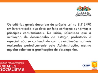 Os critérios gerais decorrem da própria Lei no 8.112/90
em interpretação que deve ser feita conforme as normas e
princípios constitucionais. De inicio, salienta-se que a
avaliação de desempenho do estágio probatório é
especial, não se confundindo com as avaliações normais
realizadas periodicamente pela Administração, mesmo
aquelas relativas a gratiﬁcações de desempenho.
 
