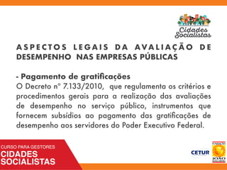 A S P E C T O S L E G A I S D A AVA L I A Ç Ã O D E
DESEMPENHO NAS EMPRESAS PÚBLICAS
- Pagamento de gratiﬁcações
O Decreto nº 7.133/2010, que regulamenta os critérios e
procedimentos gerais para a realização das avaliações
de desempenho no serviço público, instrumentos que
fornecem subsídios ao pagamento das gratiﬁcações de
desempenho aos servidores do Poder Executivo Federal.
 