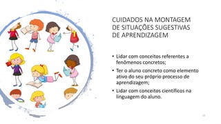 CUIDADOS NA MONTAGEM
DE SITUAÇÕES SUGESTIVAS
DE APRENDIZAGEM
• Lidar com conceitos referentes a
fenômenos concretos;
• Ter o aluno concreto como elemento
ativo do seu próprio processo de
aprendizagem;
• Lidar com conceitos científicos na
linguagem do aluno.
13
 