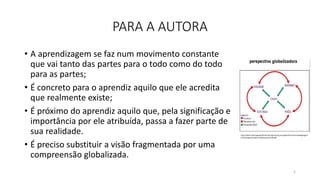 PARA A AUTORA
• A aprendizagem se faz num movimento constante
que vai tanto das partes para o todo como do todo
para as partes;
• É concreto para o aprendiz aquilo que ele acredita
que realmente existe;
• É próximo do aprendiz aquilo que, pela significação e
importância por ele atribuída, passa a fazer parte de
sua realidade.
• É preciso substituir a visão fragmentada por uma
compreensão globalizada.
5
http://observatoriogeograficoamericalatina.org.mx/egal14/Ensenanzadelageograf
ia/Investigacionydesarrolloeducativo/28.pdf
 