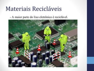 Materiais Recicláveis
- A maior parte do lixo eletrônico é reciclável.
 