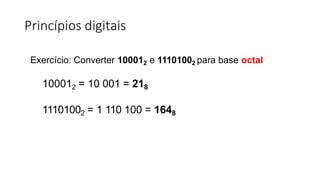 Princípios digitais
Exercício: Converter 100012 e 11101002 para base octal
100012 = 10 001 = 218
11101002 = 1 110 100 = 1648
 