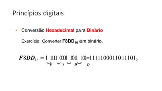 Princípios digitais
• Conversão Hexadecimal para Binário
Exercício: Converter F8DD16 em binário.
F8DD16 1⏟1
1
1
1⏟0001⏟101
1⏟10111111000110111012
F 8 D D
 