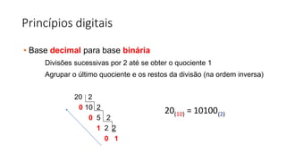 Princípios digitais
• Base decimal para base binária
Divisões sucessivas por 2 até se obter o quociente 1
Agrupar o último quociente e os restos da divisão (na ordem inversa)
20 2
0 10 2
0 5 2
1 2 2
0 1
(10)
20 = 10100(2)
 