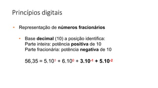 Princípios digitais
• Representação de números fracionários
• Base decimal (10) a posição identifica:
Parte inteira: potência positiva de 10
Parte fracionária: potência negativa de 10
56,35 = 5.101 + 6.100 + 3.10-1 + 5.10-2
 