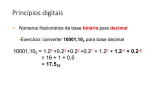 Princípios digitais
• Números fracionários da base binária para decimal
•Exercício: converter 10001,102 para base decimal
10001,102 = 1.24 +0.23 +0.22 +0.21 + 1.20 + 1.2-1 + 0.2-2
= 16 + 1 + 0,5
= 17,510
 