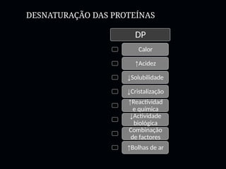 DESNATURAÇÃO DAS PROTEÍNAS
DP
Calor
↑Acidez
↓Solubilidade
↓Cristalização
↑Reactividad
e química
↓Actividade
biológica
Combinação
de factores
↑Bolhas de ar
 