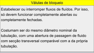 Estabelecer ou interromper fluxos de fluídos. Por isso,
só devem funcionar completamente abertas ou
completamente fechadas.
Costumam ser do mesmo diâmetro nominal da
tubulação, com uma abertura de passagem de fluido
com secção transversal comparável com a da própria
tubulação.
Válulas de bloqueio
 
