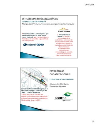 28/03/2014 
20 
ESTRATÉGIAS ORGANIZACIONAIS 
ESTRATÉGIA DE CRESCIMENTO 
Alianças: Joint Ventures, Consórcios, Licenças, Parcerias, Franquias 
A Aliança Renault- 
Nissan (1999) é a 
primeira parceria 
industrial e comercial de 
seu tipo envolvendo uma 
companhia francesa e 
outra japonesa. União de 
duas empresas 
automobilísticas 
multinacionais 
embasado pelo respeito 
à individualidade de 
cada uma das marcas. 
A Endemol Globo é uma empresa que 
nasceu da parceria da Rede Globo, 
com a Endemol, que é uma produtora 
holandesa de televisão, especializada 
em reality shows 
Consórcio Monotrilho Integração é 
o responsável pela construção da 
Linha 17-Ouro do Metrô 
Quatro empresas cuidam do 
projeto do início ao fim composto 
pelas empresas Andrade Gutierrez, 
CR Almeida, Scomi e MPE. 
ESTRATÉGIAS 
ORGANIZACIONAIS 
ESTRATÉGIA DE CRESCIMENTO 
Alianças: Joint Ventures, 
Consórcios, Licenças 
 
