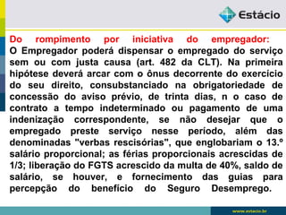 Do rompimento por iniciativa do empregador: 
O Empregador poderá dispensar o empregado do serviço 
sem ou com justa causa (art. 482 da CLT). Na primeira 
hipótese deverá arcar com o ônus decorrente do exercício 
do seu direito, consubstanciado na obrigatoriedade de 
concessão do aviso prévio, de trinta dias, n o caso de 
contrato a tempo indeterminado ou pagamento de uma 
indenização correspondente, se não desejar que o 
empregado preste serviço nesse período, além das 
denominadas "verbas rescisórias", que englobariam o 13.º 
salário proporcional; as férias proporcionais acrescidas de 
1/3; liberação do FGTS acrescido da multa de 40%, saldo de 
salário, se houver, e fornecimento das guias para 
percepção do benefício do Seguro Desemprego. 
 
