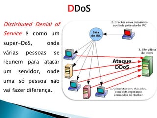 DDoS
Distirbuted Denial of
Service é como um
super-DoS, onde
várias pessoas se
reunem para atacar
um servidor, onde
uma só pessoa não
vai fazer diferença.
 