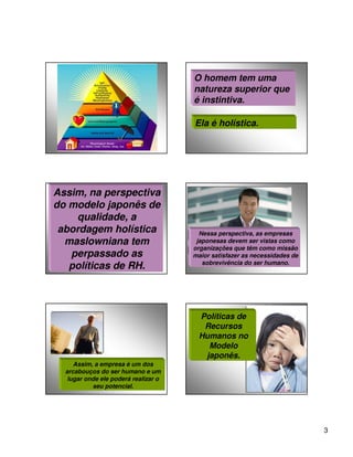 O homem tem uma
                                      natureza superior que
                                      é instintiva.

                                      Ela é holística.




Assim, na perspectiva
do modelo japonês de
    qualidade, a
 abordagem holística                    Nessa perspectiva, as empresas
  maslowniana tem                      japonesas devem ser vistas como
                                      organizações que têm como missão
   perpassado as                      maior satisfazer as necessidades de
                                         sobrevivência do ser humano.
   políticas de RH.



                                        Políticas de
                                         Recursos
                                        Humanos no
                                          Modelo
                                         japonês.
     Assim, a empresa é um dos
  arcabouços do ser humano e um
   lugar onde ele poderá realizar o
           seu potencial.




                                                                            3
 