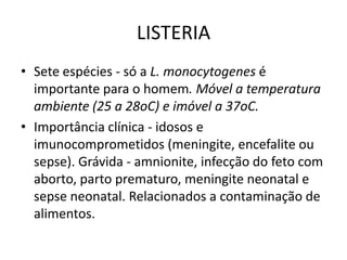 LISTERIASete espécies - só a L. monocytogenesé importante para o homem. Móvel a temperatura ambiente (25 a 28oC) e imóvel a 37oC. Importância clínica - idosos e imunocomprometidos(meningite, encefalite ou sepse). Grávida - amnionite, infecção do feto com aborto, parto prematuro, meningite neonatal e sepse neonatal. Relacionados a contaminação de alimentos.