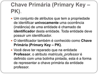 Chave Primária (Primary Key –
PK).
 Um conjunto de atributos que tem a propriedade
de identificar univocamente uma ocorrência
(instância) de uma entidade é chamado de
identificador desta entidade. Toda entidade deve
possuir um identificador.
 O identificador também é conhecido como Chave
Primária (Primary Key – PK).
 Você deve ter reparado que na entidade
Professor, o atributo matricula_professor é
definido com uma bolinha pintada, esta é a forma
de representar a chave primária da entidade
professor.
 