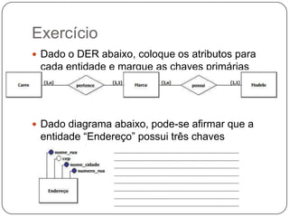 Exercício
 Dado o DER abaixo, coloque os atributos para
cada entidade e marque as chaves primárias
para cada entidade.
 Dado diagrama abaixo, pode-se afirmar que a
entidade “Endereço” possui três chaves
primárias? Explique sua resposta.
 