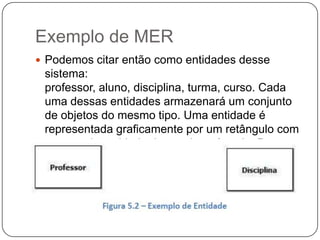 Exemplo de MER
 Podemos citar então como entidades desse
sistema:
professor, aluno, disciplina, turma, curso. Cada
uma dessas entidades armazenará um conjunto
de objetos do mesmo tipo. Uma entidade é
representada graficamente por um retângulo com
o nome da entidade dentro do retângulo. Por
exemplo:
 