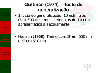 Ψ
Guttman (1974) – Teste de
generalização
● 1 teste de generalização: 10 estímulos
(510-590 nm, em incrementos de 10 nm)
apresentados aleatoriamente.
● Hanson (1959): Treino com SD
em 550 nm
e SΔ
em 570 nm
Controle
de estímulos
Gradientes
Exemplos
experimentais
Respostas
encadeadas
Fading
 